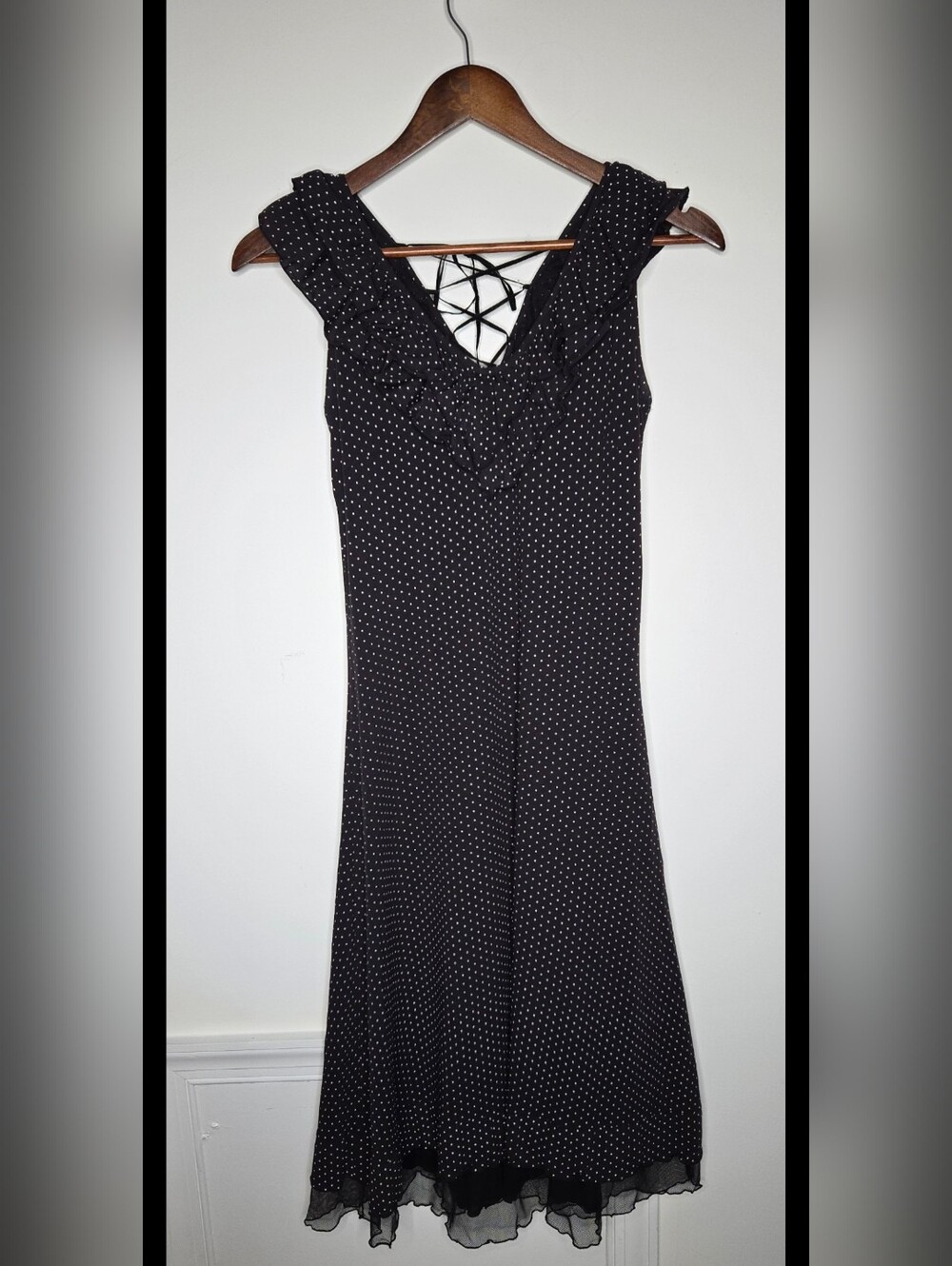 Etam Romantic Coquette Boho Midi Black Polka Dot Ruffle V-Neck Maxi Dress 6